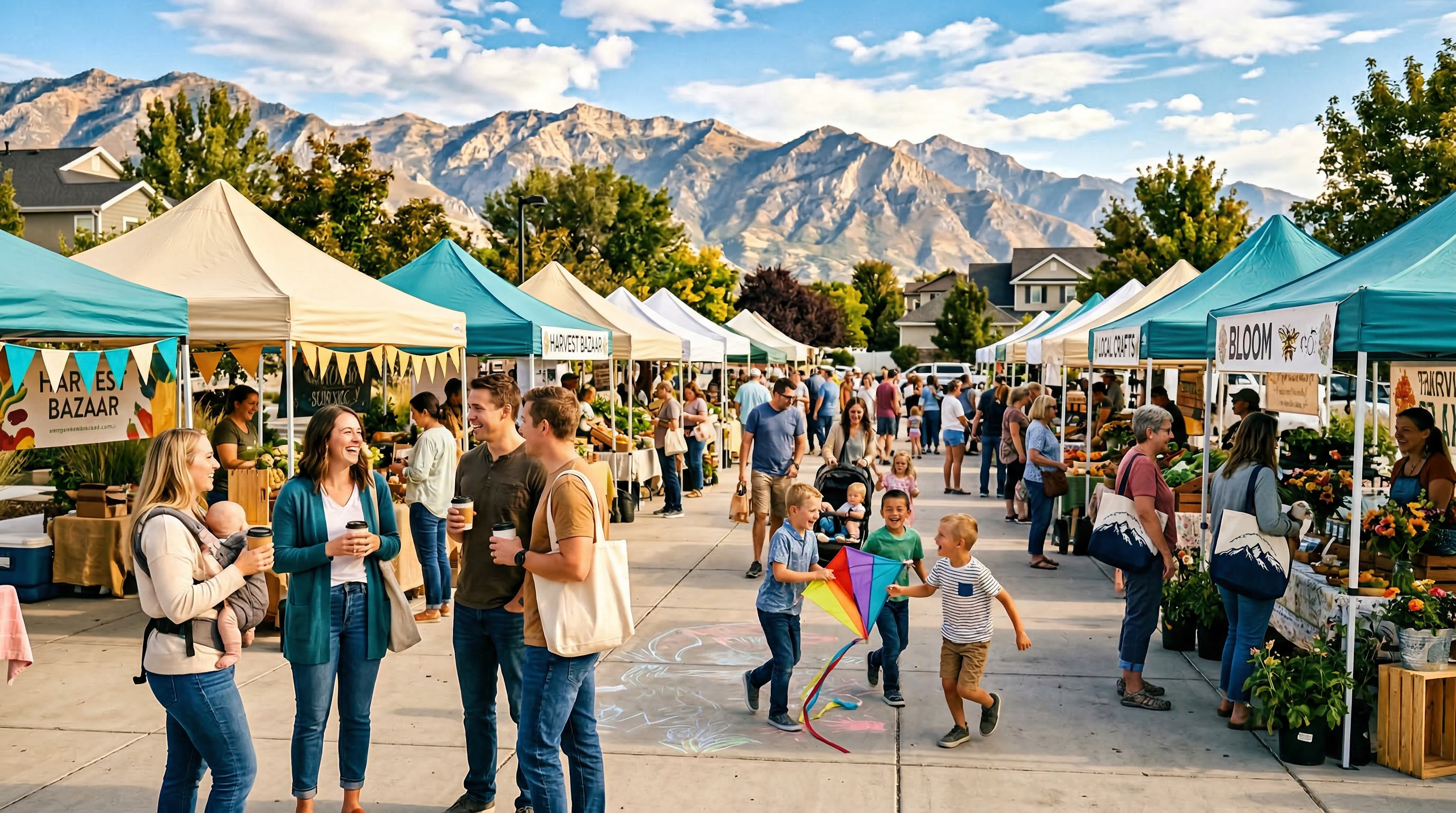 Families gathering at a community outdoor market